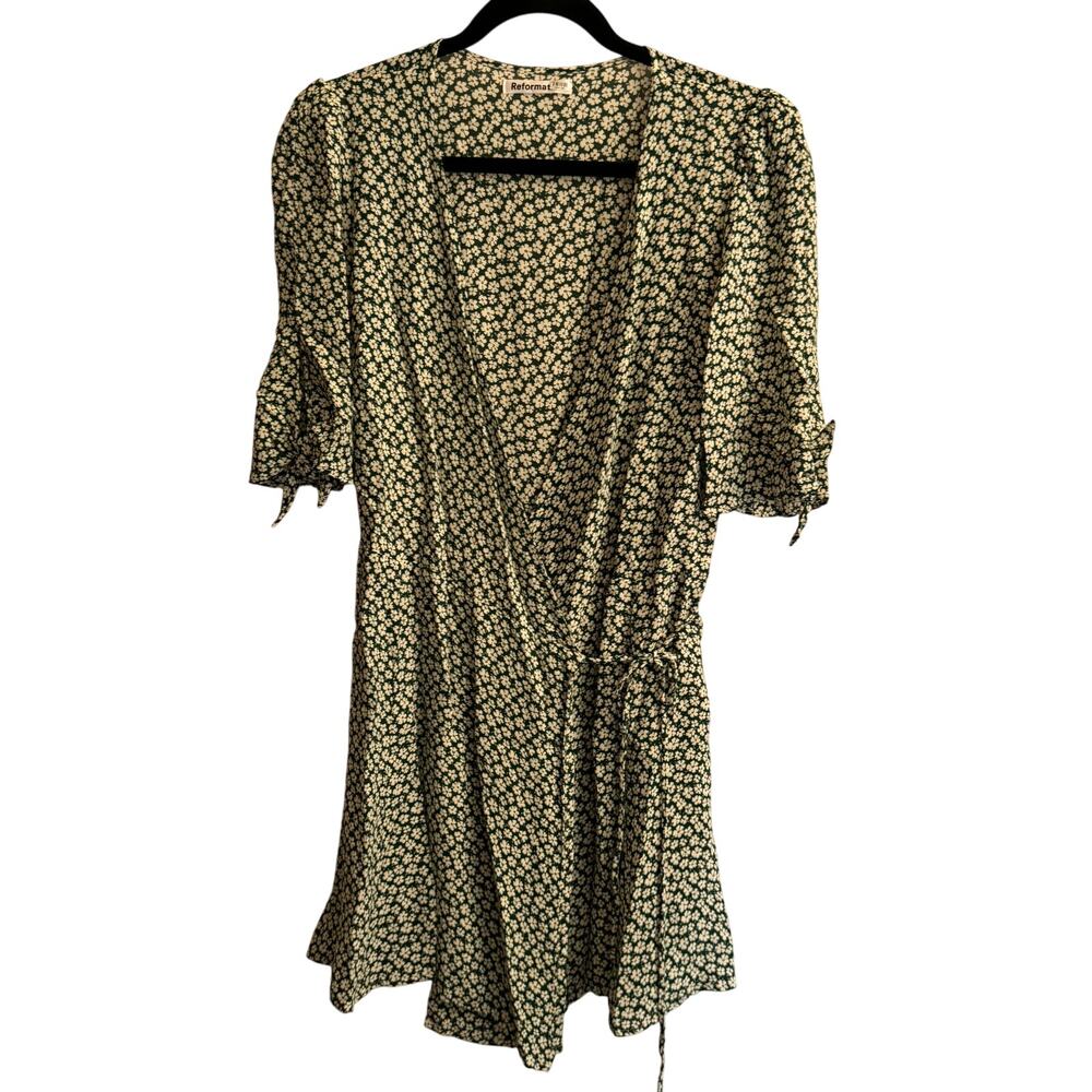 Reformation Floral Mini Wrap Dress Green White Side Tie Short Sleeve Sz XL